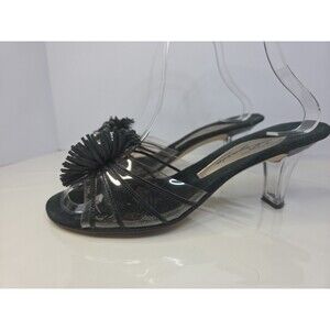 Dezario Black Slip On Kitten Heel Sandals Leather Bow & Crystal Hearts 7N Hoco